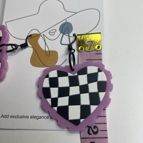 Purple Checkered Hearts Earrings - Picture 5 of 6